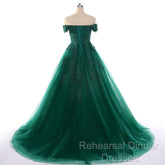 Real Off Shoulder Green Semi Formal Prom Dresses Beaded Appliques Emerald Quince Dress